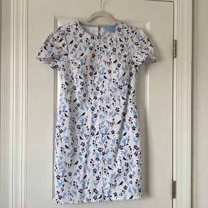 Draper James white denim dress with blue floral and bird print